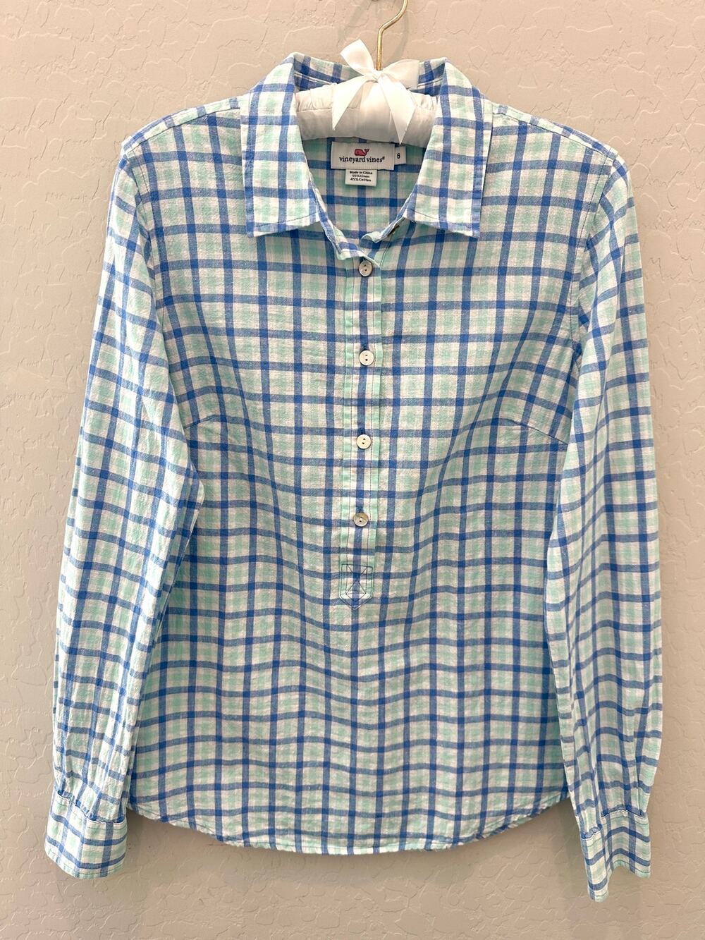 VINEYARD VINES | Blue Green Plaid Linen Cotton Button Front Shirt Top Size 6